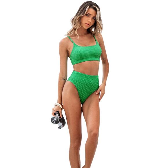 Cupshe Women's Textured Bralette & High Waist Bikini Set Green Size M - Picture 1 of 8
